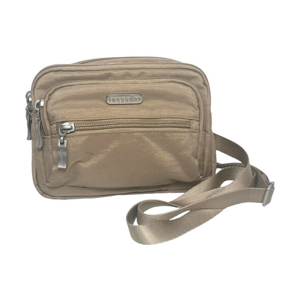 Baggallini Triple Zip Bagg Crossbody Purse Waist Pack Clutch Bag Nylon Tan